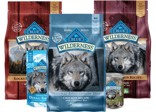 three packages of Blue Wilderness dog food