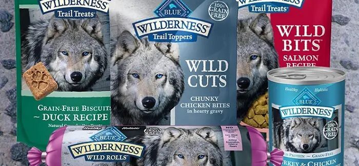 several Blue Wilderness dog food packages