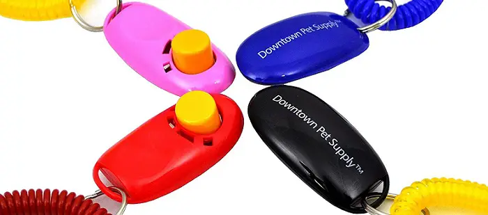 four colorful dog clickers