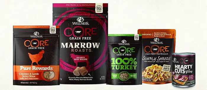 several packages of Wellness Core dog food