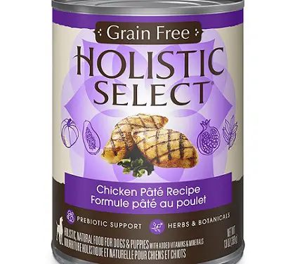 a black and purple can of Holistic Select natural wet dog food