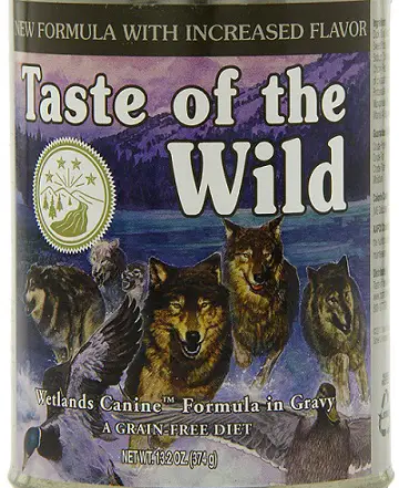 a purple can of Taste of the Wild wet dog food