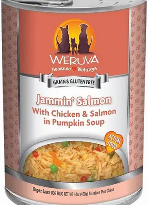 a white and red can of Weruva grain free wet dog food