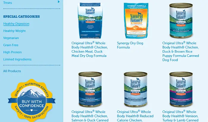 several products from Natural Balance dog food brand