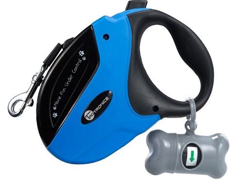 a black and blue TaoTronics retractable dog leash