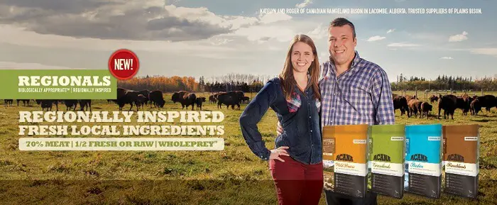 acana dog food banner with a couple smiling in nature with cattle behind 